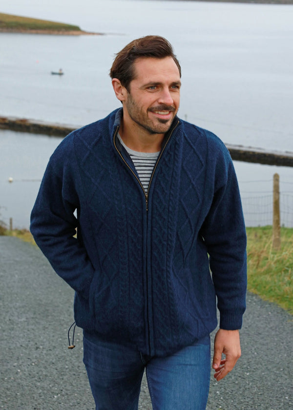 Mens Lined Wool Aran Cardigan Blue