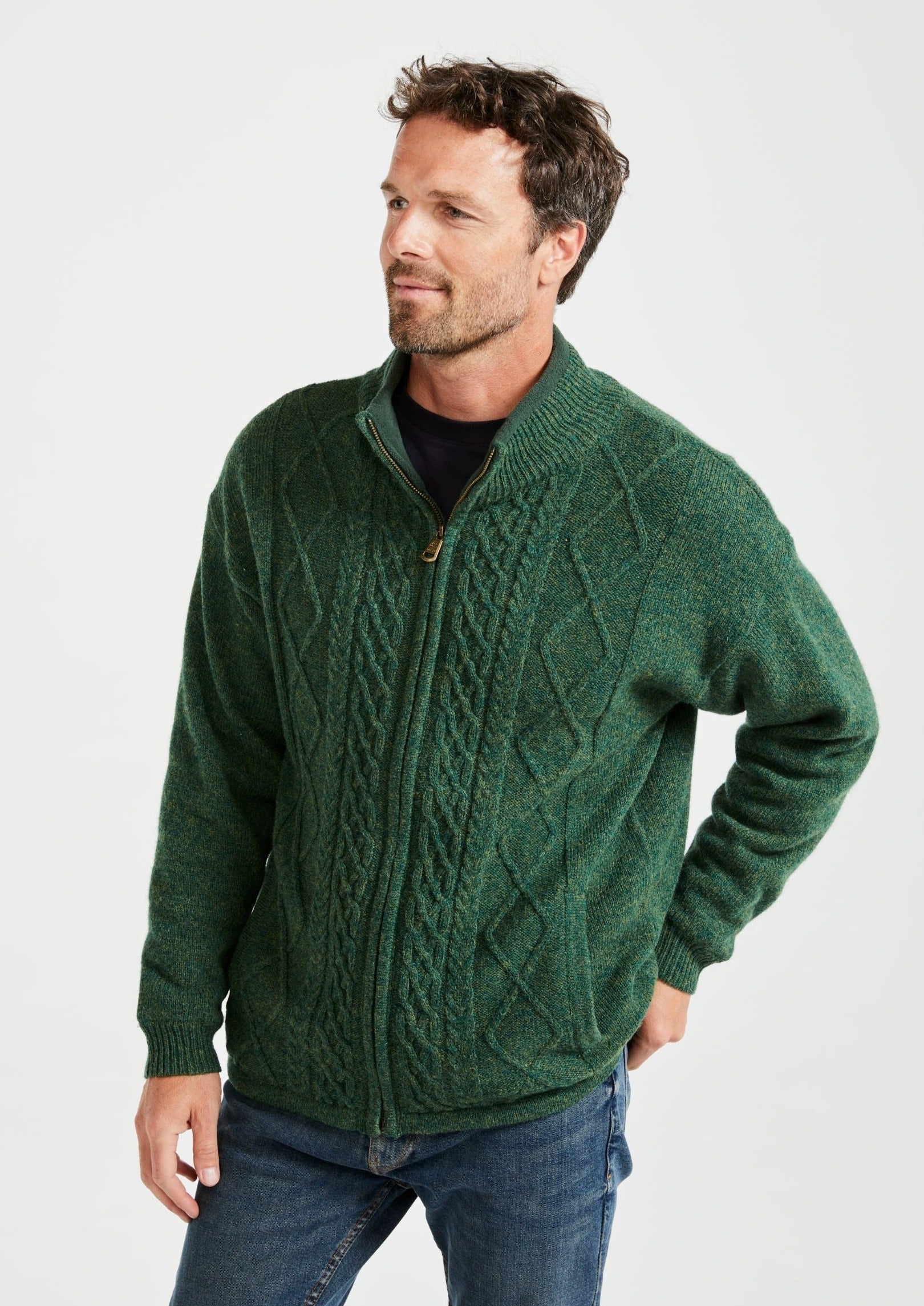Mens Lined Wool Aran Cardigan - Green