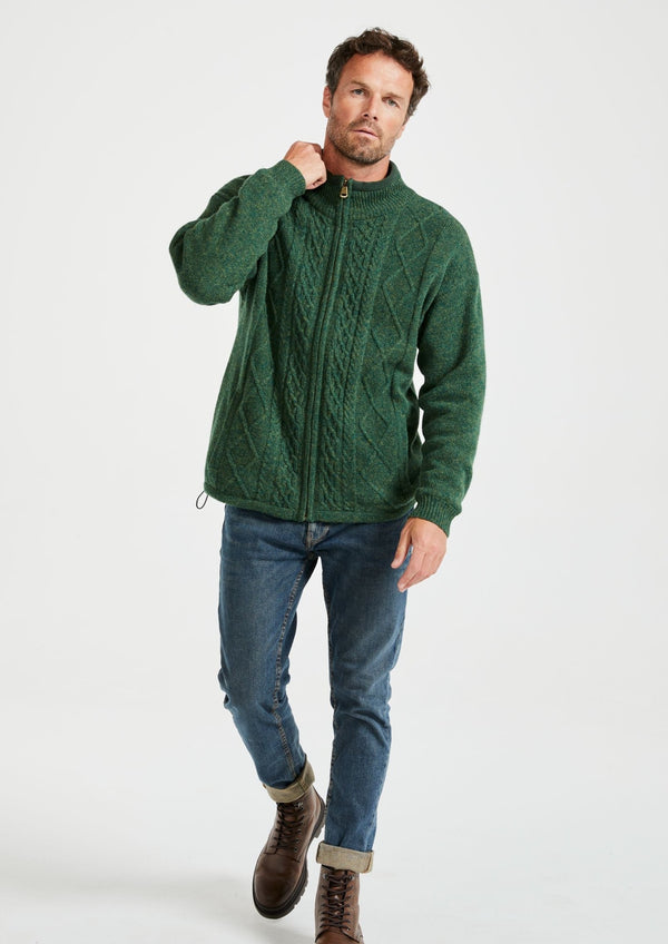 Mens Lined Wool Aran Cardigan - Green