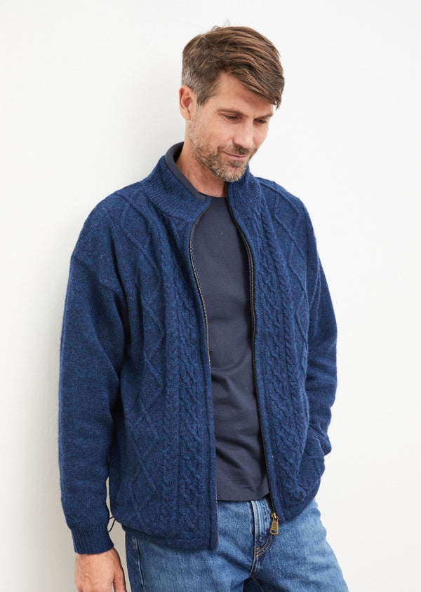 Mens Lined Wool Aran Cardigan - Blue