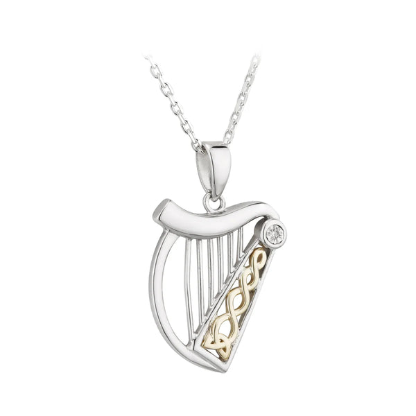 Sterling Silver 10K Gold & Diamond Harp Pendant