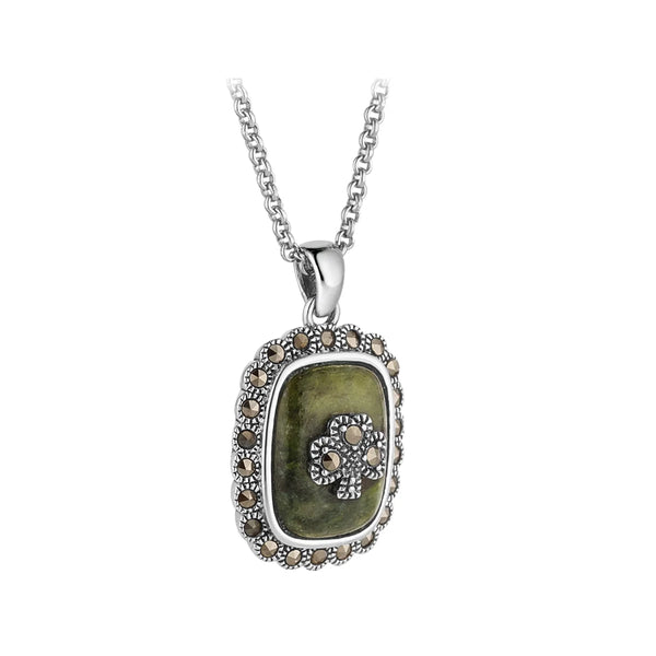 Marcasite Shamrock Connemara Marble Silver Pendant