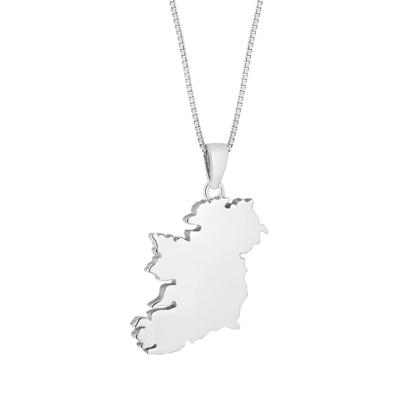Silver pendant shaped like the island of Ireland on a white background