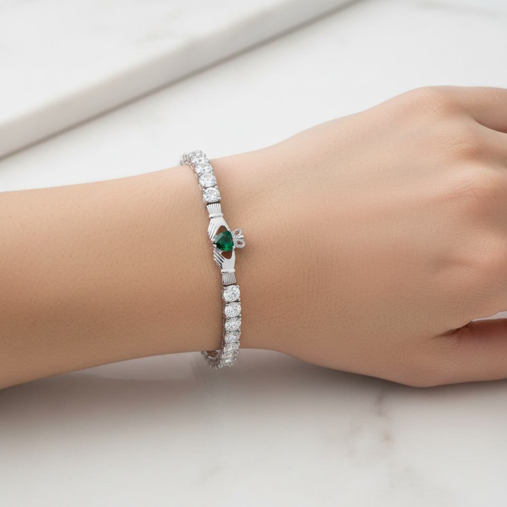 Silver Green Cz Heart Claddagh Tennis Bracelet
