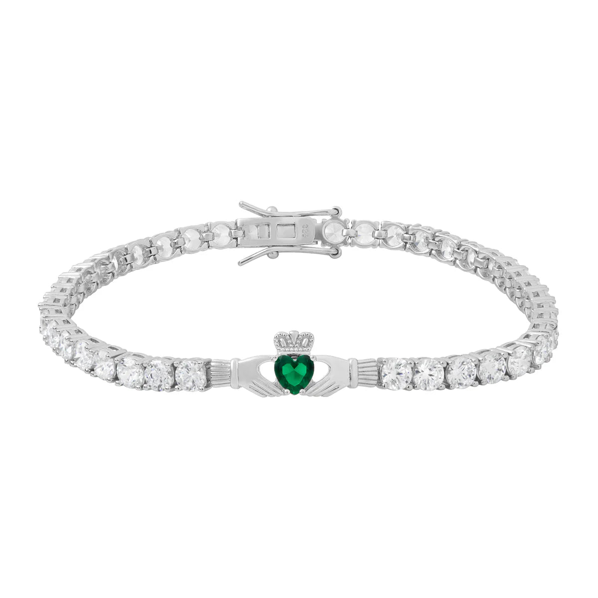 Silver Green Cz Heart Claddagh Tennis Bracelet