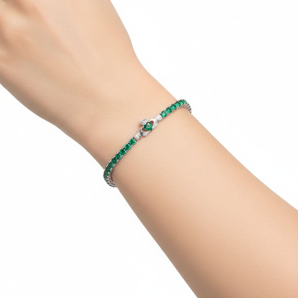 Silver Green Cz Claddagh Tennis Bracelet