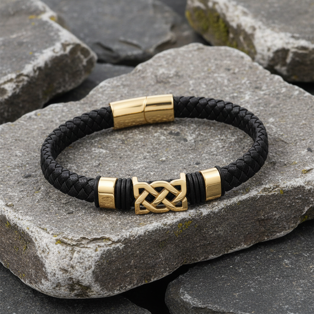 Gold Plated Black Leather Celtic Knot Bracelet