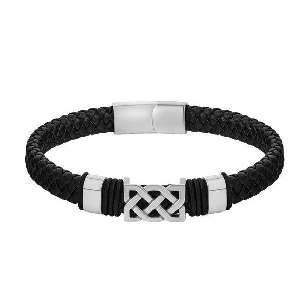 Rhodium Black Leather Celtic Knot Bracelet