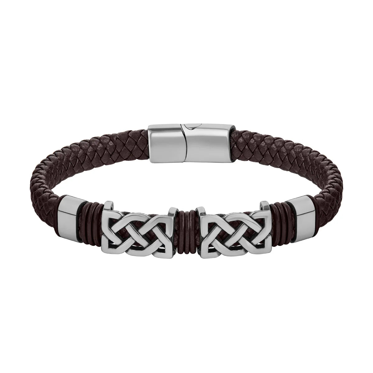 Rhodium Brown Leather Two Link Celtic Knot Bracelet