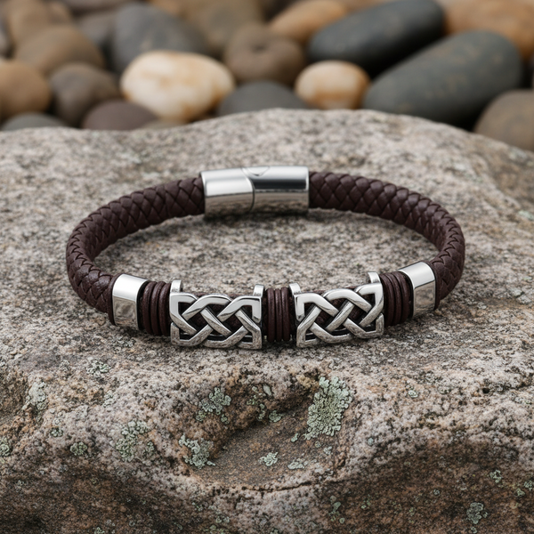 Rhodium Brown Leather Two Link Celtic Knot Bracelet
