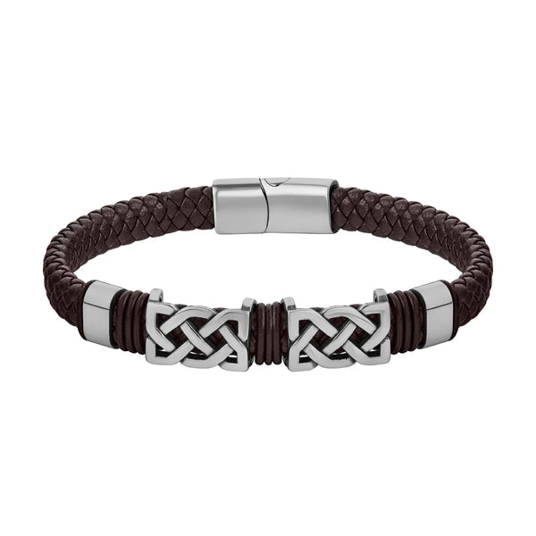 Rhodium Brown Leather Two Link Celtic Knot Bracelet