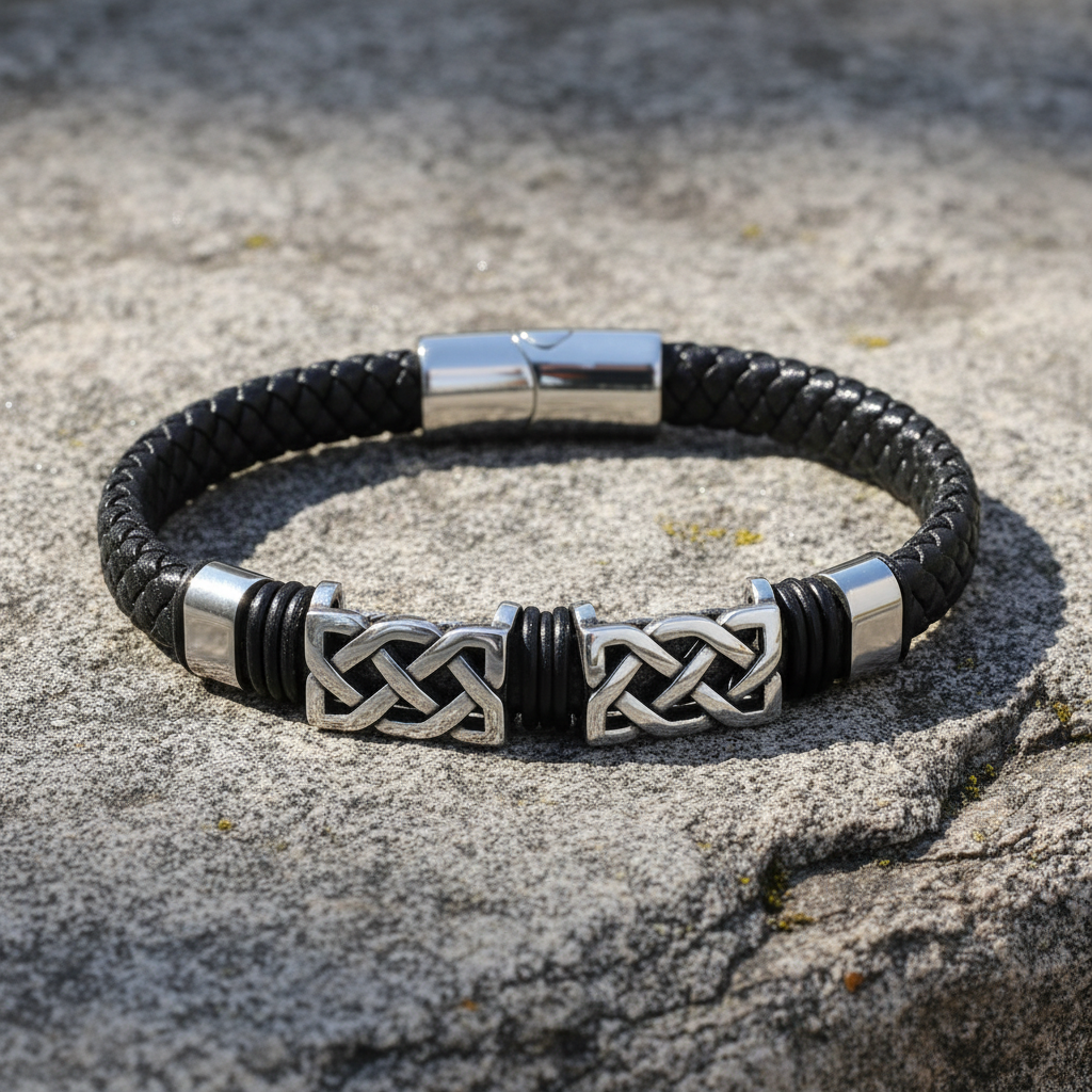 Rhodium Black Leather Two Link Celtic Knot Bracelet
