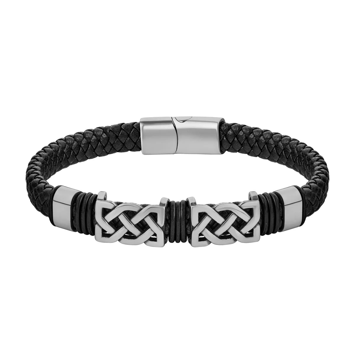 Rhodium Black Leather Two Link Celtic Knot Bracelet