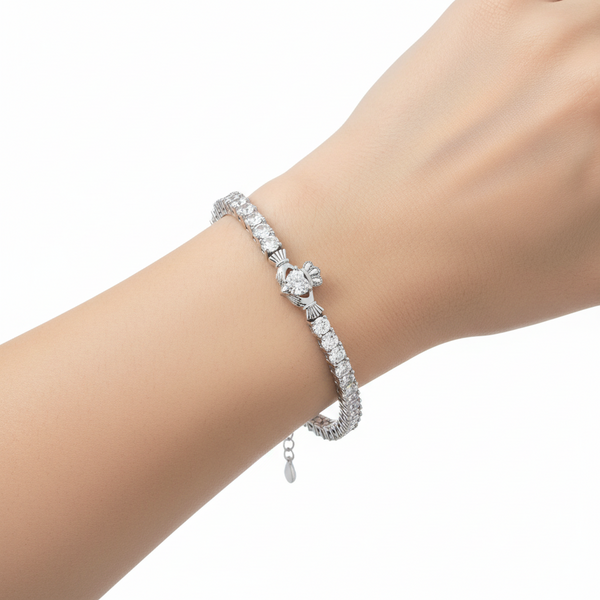 Rhodium Crystal Claddagh Tennis Bracelet
