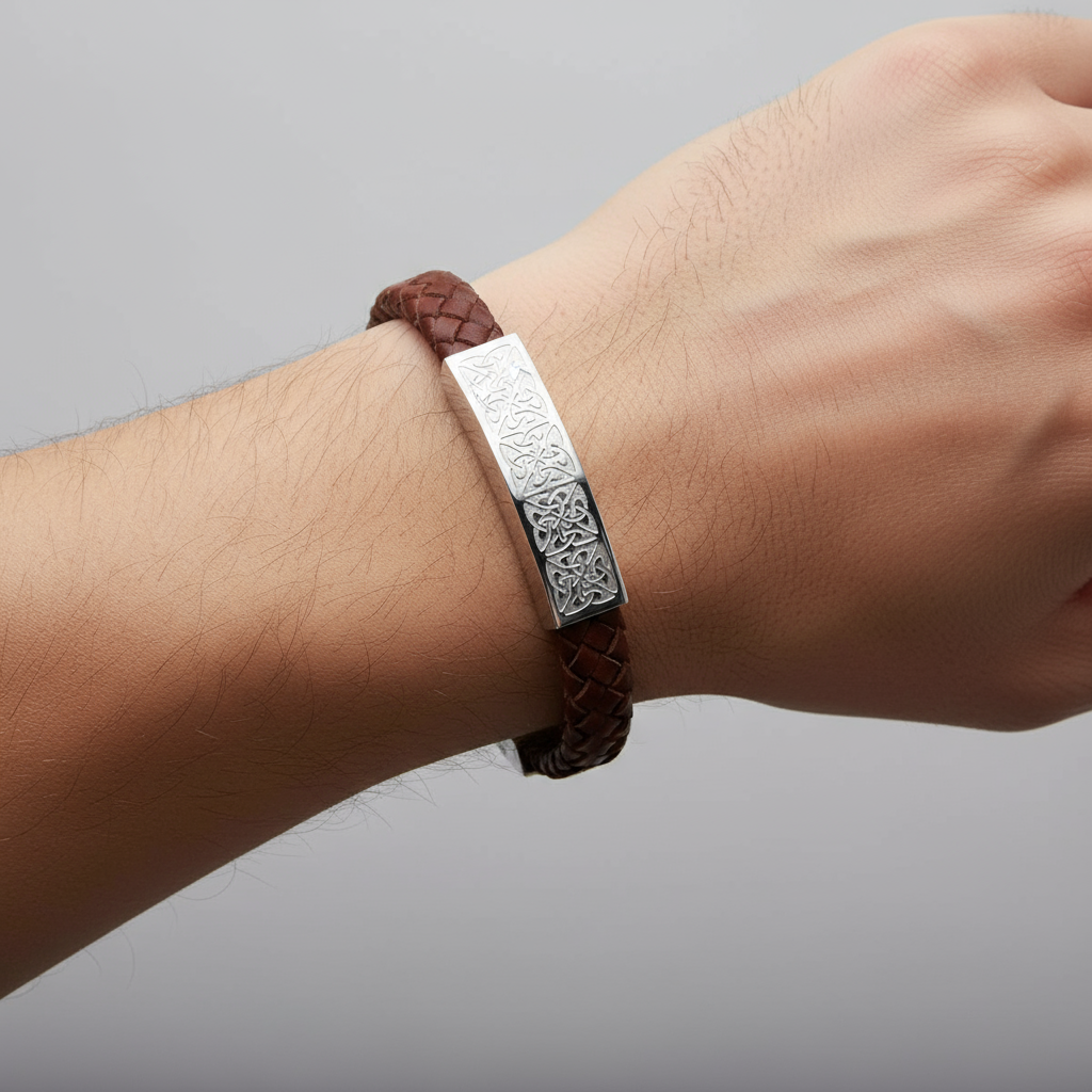 Gents Steel Brown Leather Bracelet