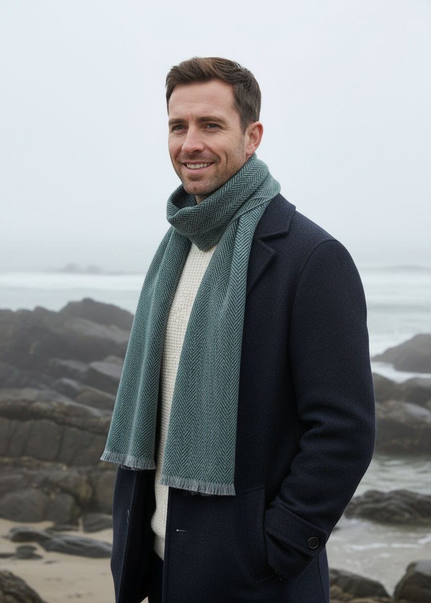 Mucros Donegal Scarf | Green Herringbone