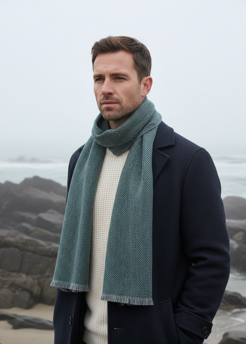 Mucros Donegal Scarf | Green Herringbone
