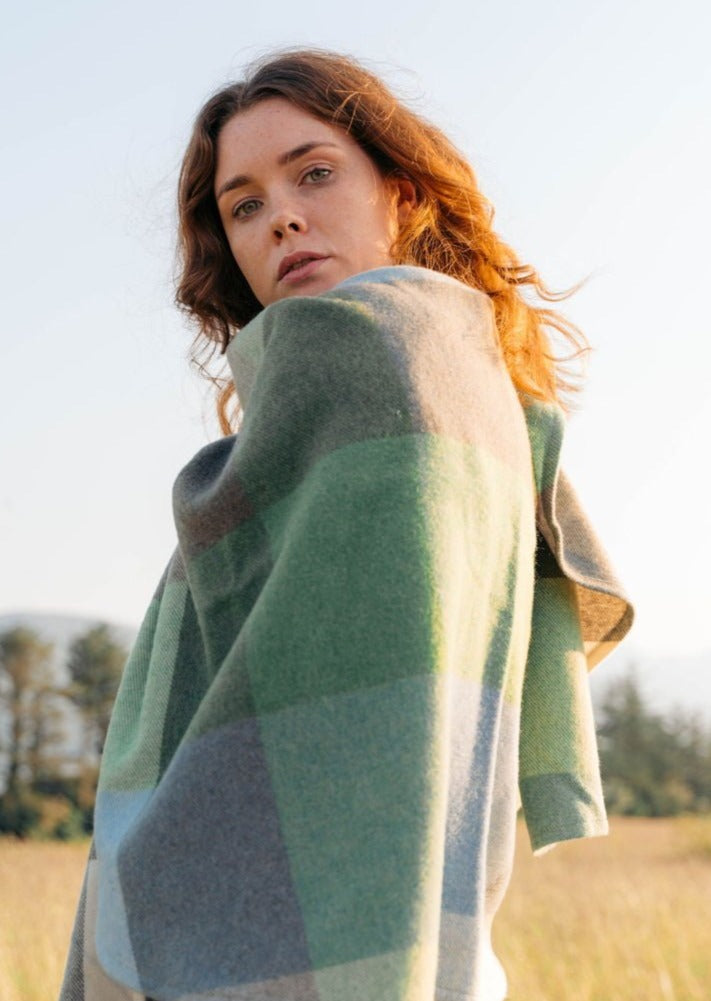John Hanly Lambswool Cape | Baby Blue Green Check