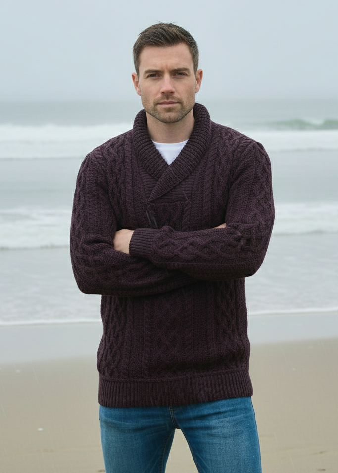 Aran Bunratty Shawl Collar Sweater | Damson