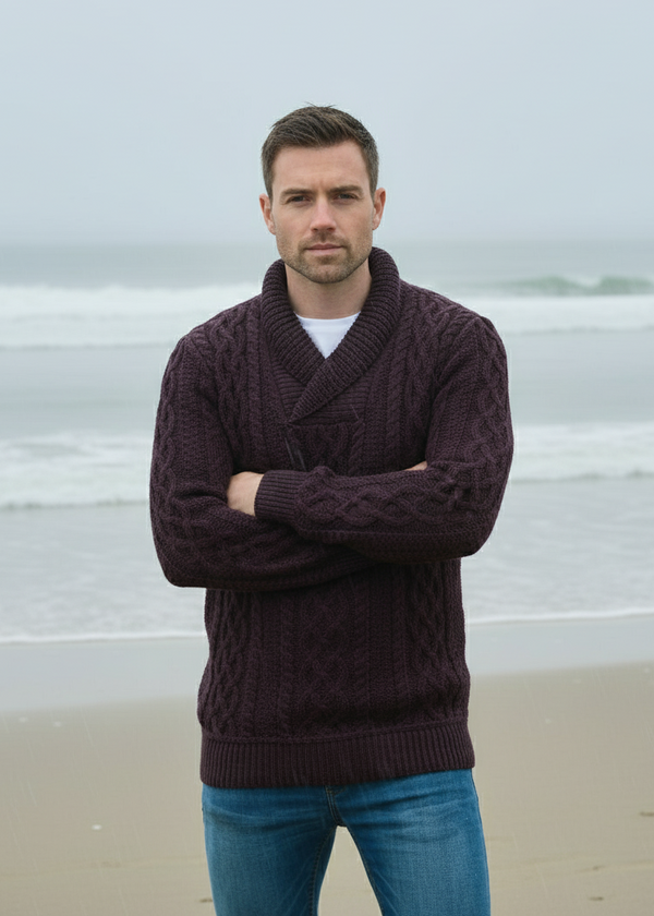 Aran Bunratty Shawl Collar Sweater | Damson