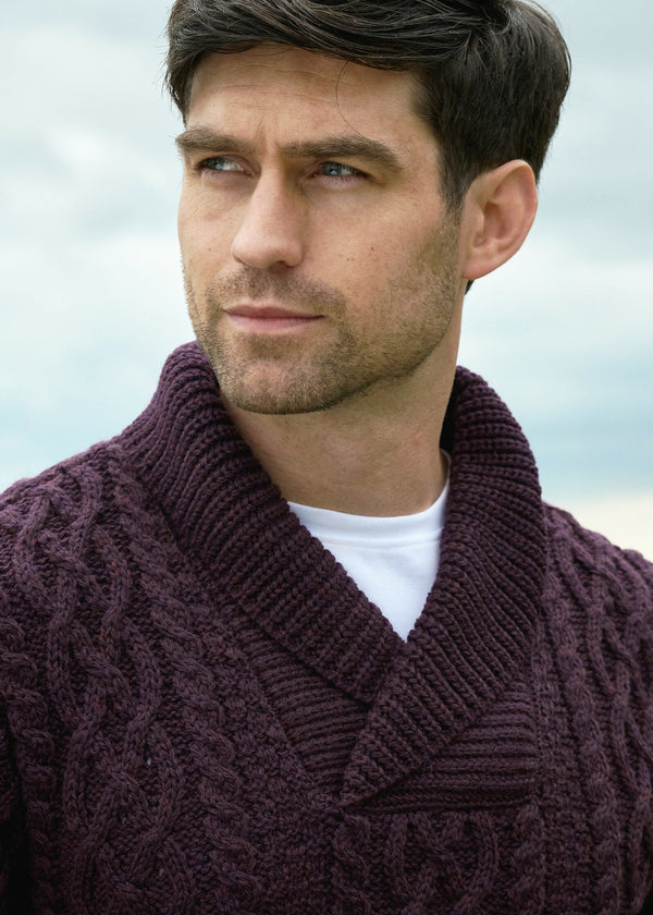 Aran Bunratty Shawl Collar Sweater | Damson