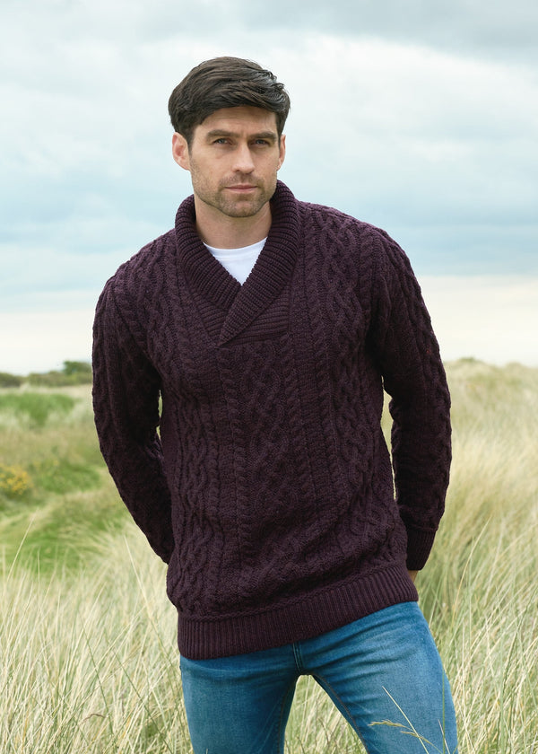 Aran Bunratty Shawl Collar Sweater | Damson