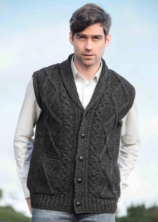 Men's Aran Button Sleeveless Cardigan | Charcoal