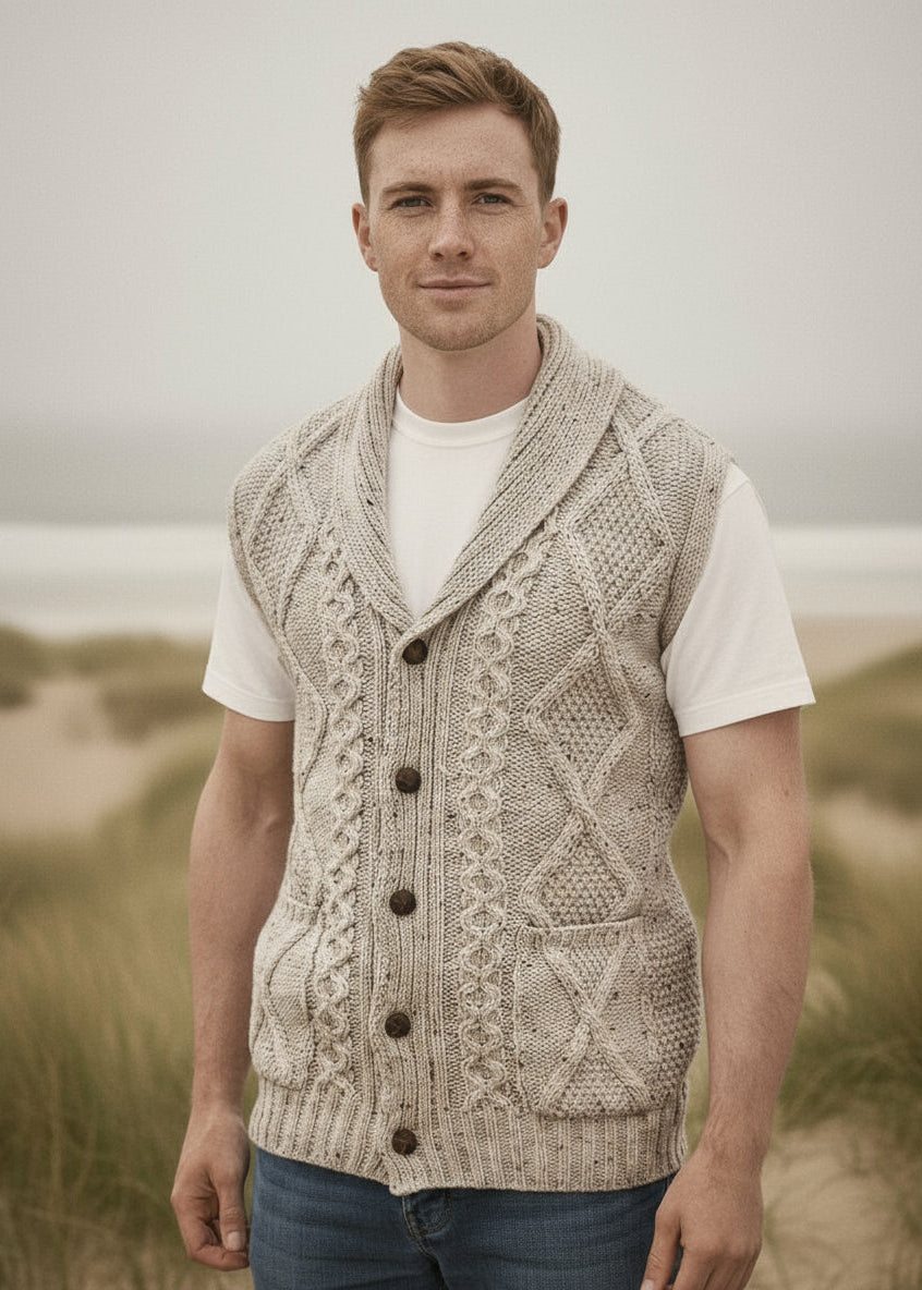Men's Aran Button Sleeveless Cardigan | Oatmeal 
