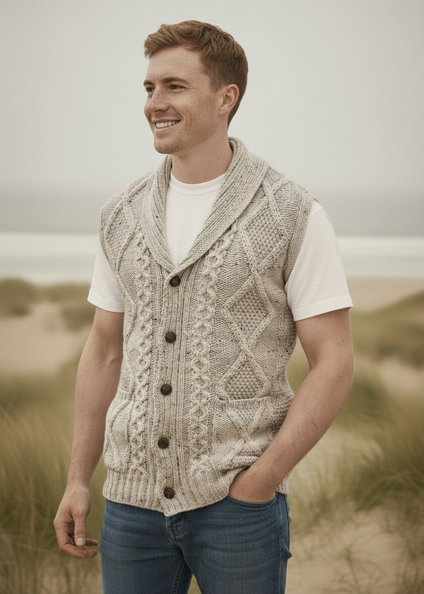 Men's Aran Button Sleeveless Cardigan | Oatmeal 