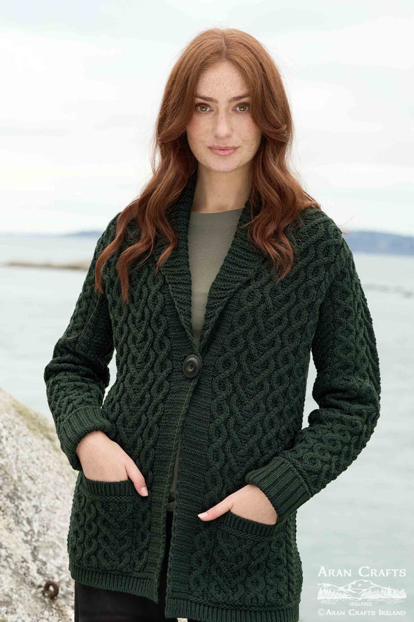 One Button Merino Wool Aran Hearts Cardigan | Cedar