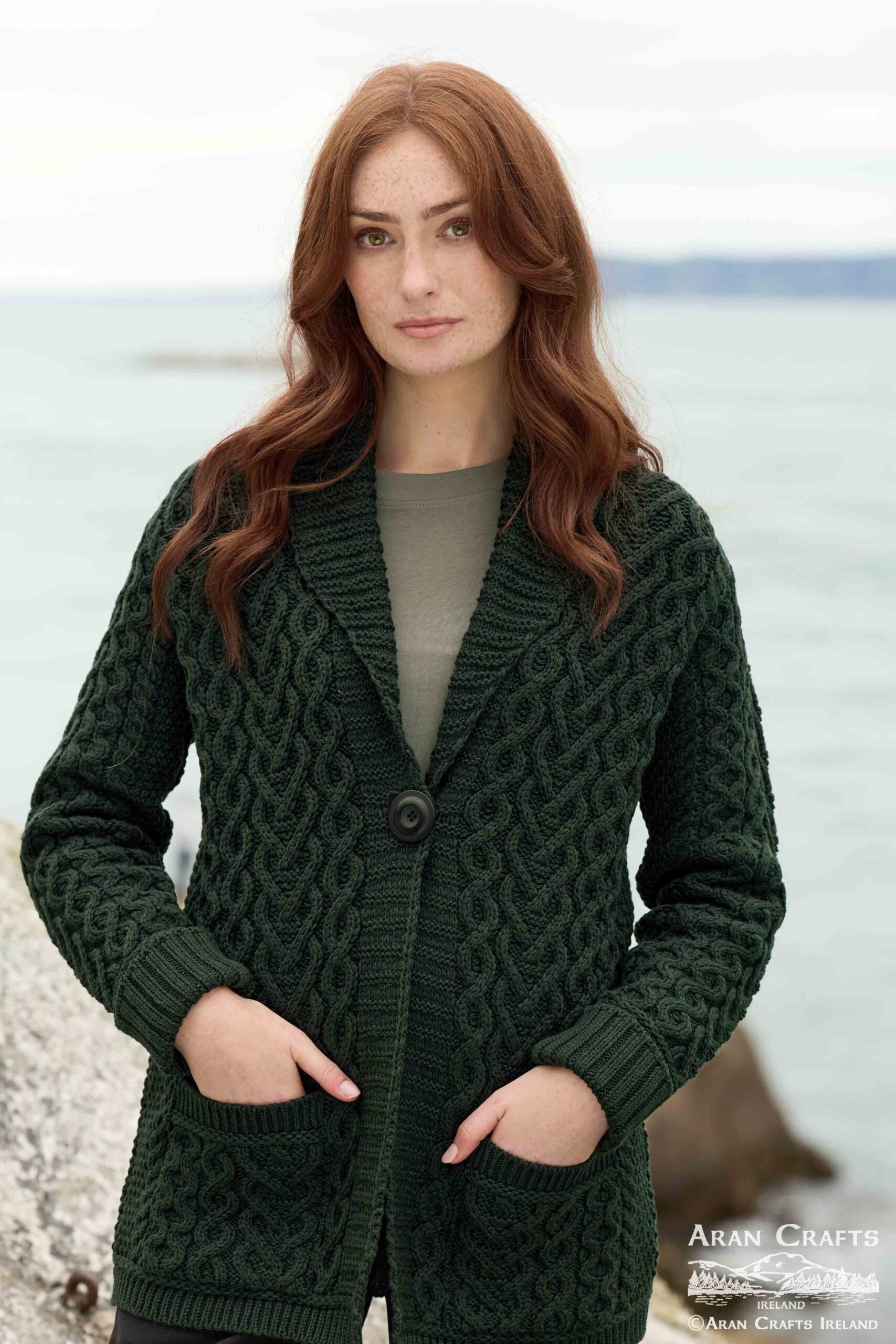 One Button Merino Wool Aran Hearts Cardigan | Cedar