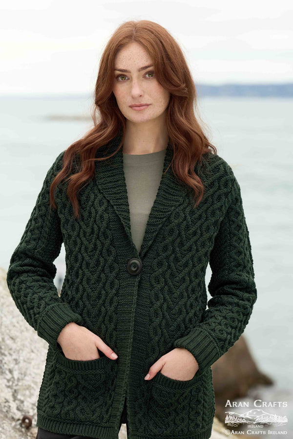One Button Merino Wool Aran Hearts Cardigan | Cedar