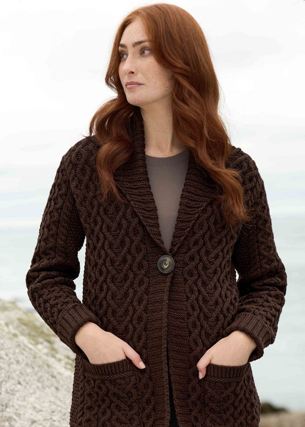 One Button Merino Wool Aran Hearts Cardigan | Chocolate