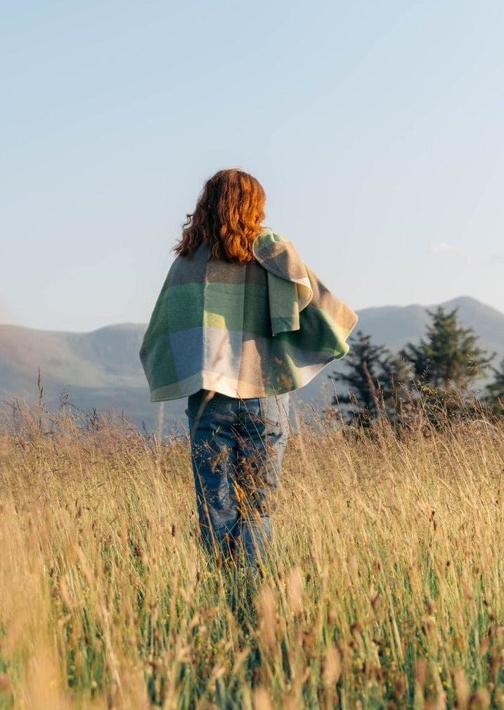 John Hanly Lambswool Cape | Baby Blue Green Check