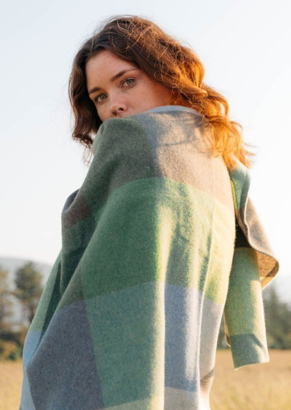 John Hanly Lambswool Cape | Baby Blue Green Check