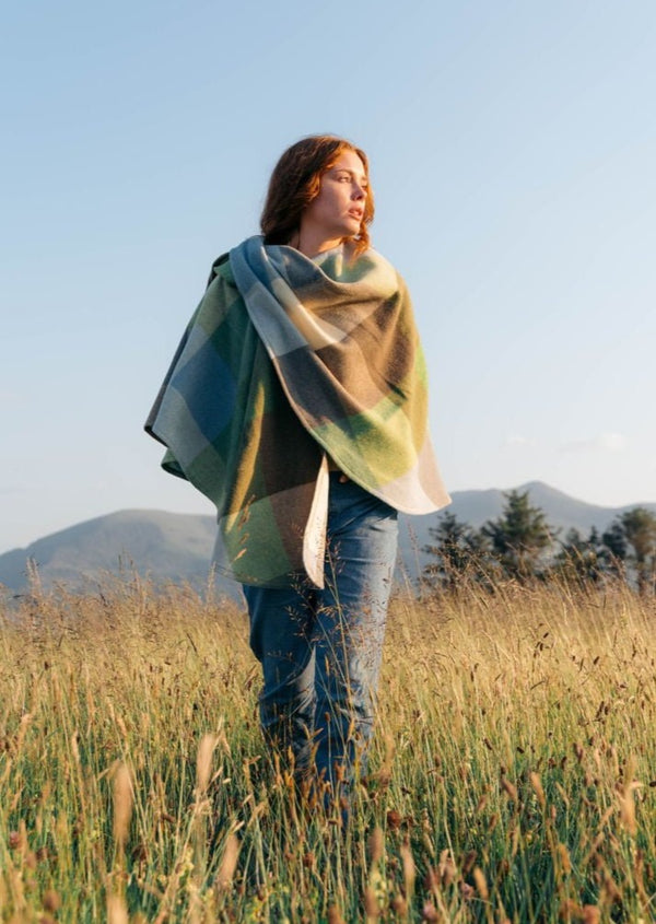 John Hanly Lambswool Cape | Baby Blue Green Check