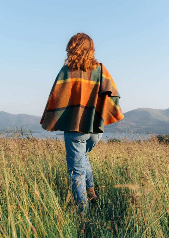 John Hanly Lambswool Cape | Orange Green Yellow Check