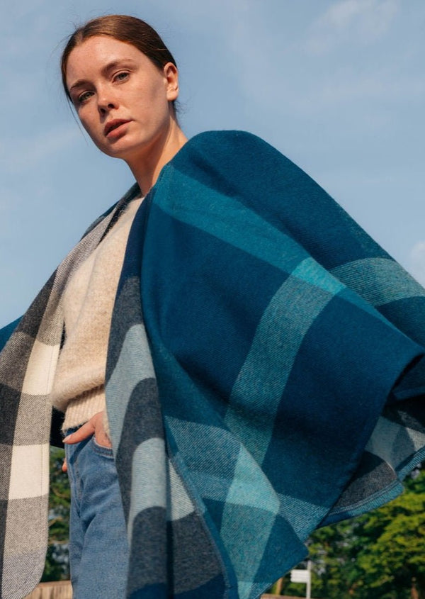 John Hanly Lambswool Cape | Turquoise Blue Check