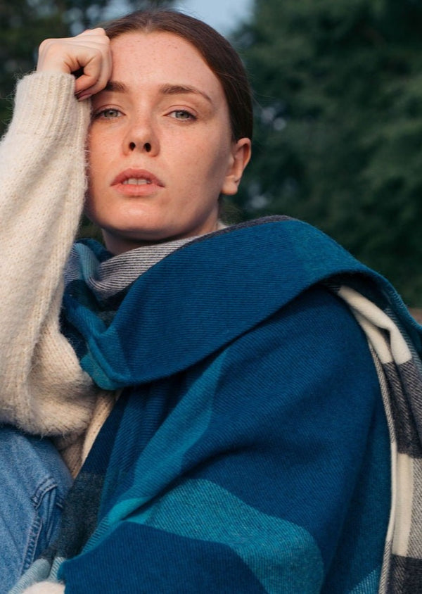 John Hanly Lambswool Cape | Turquoise Blue Check