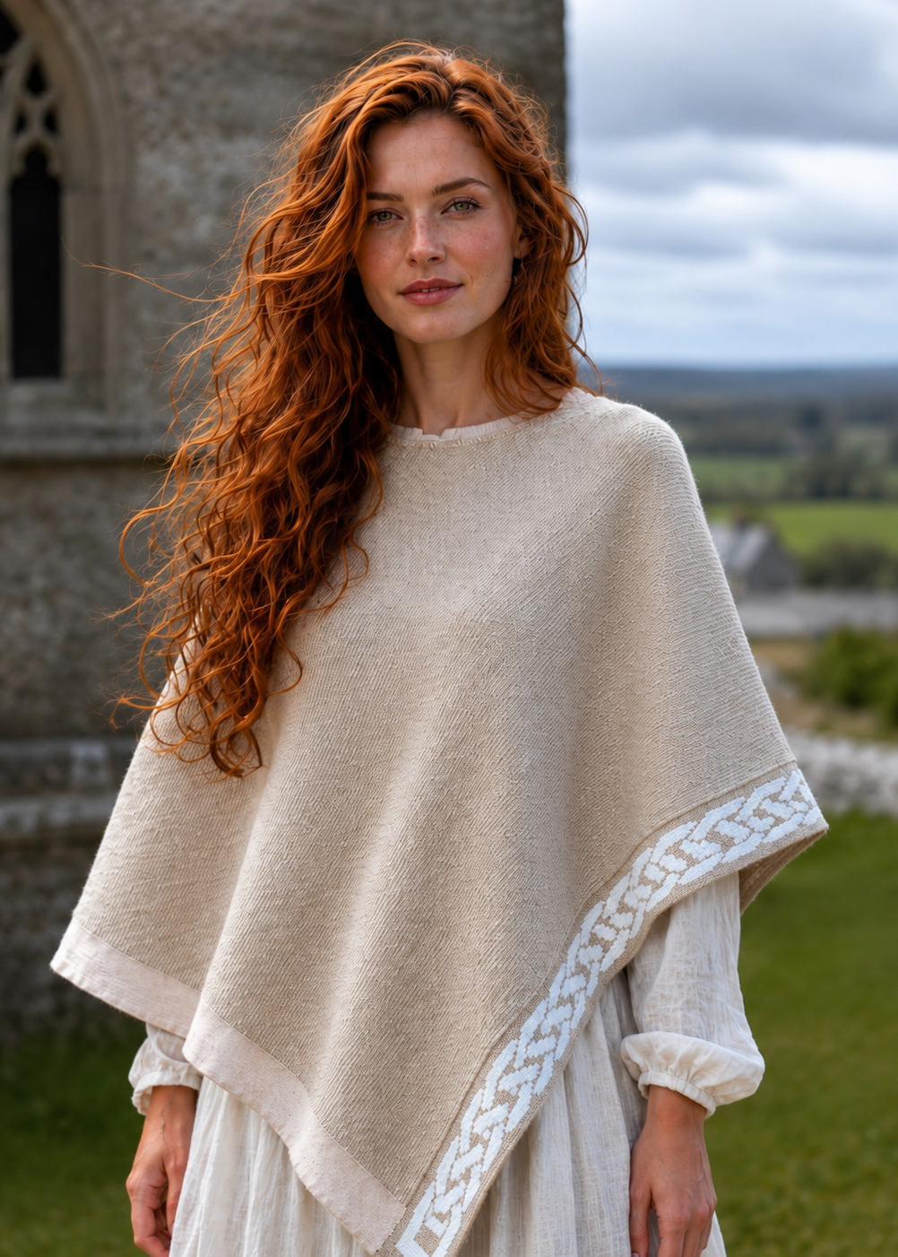 Saol Ladies Celtic Weave Wool Cape – Beige