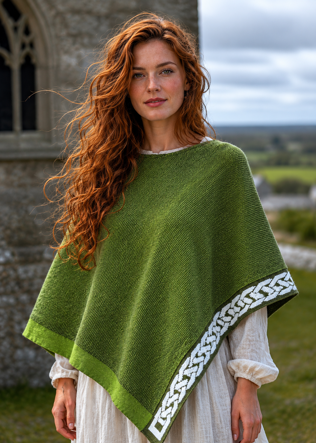 Saol Ladies Celtic Weave Wool Cape – Green