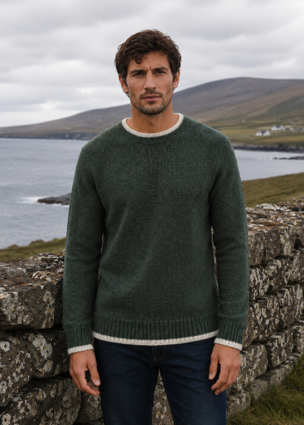 Saol Men's Fisherman Rib Crew Neck Sweater – Green