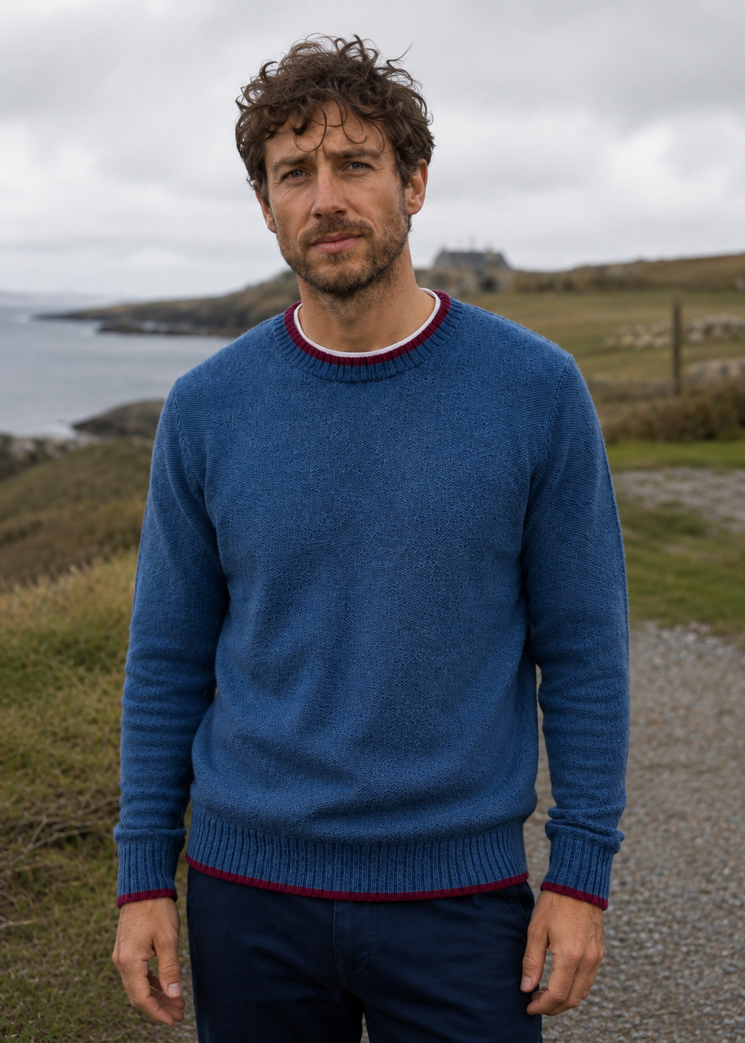 Saol Men's Fisherman Rib Crew Neck Sweater – Navy Green Mix