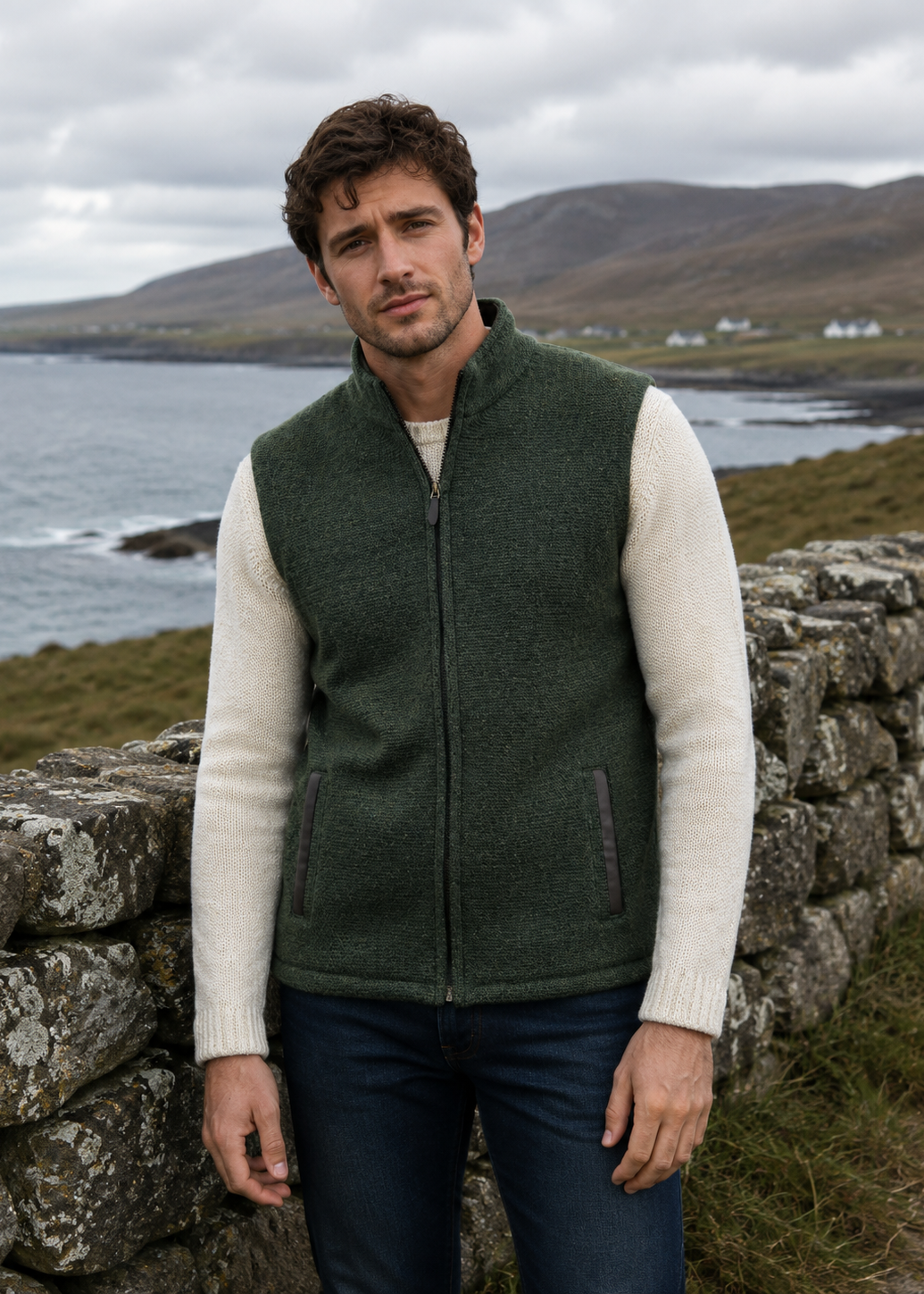 Saol Men's Green Herringbone Virgin Wool Zip Jacket