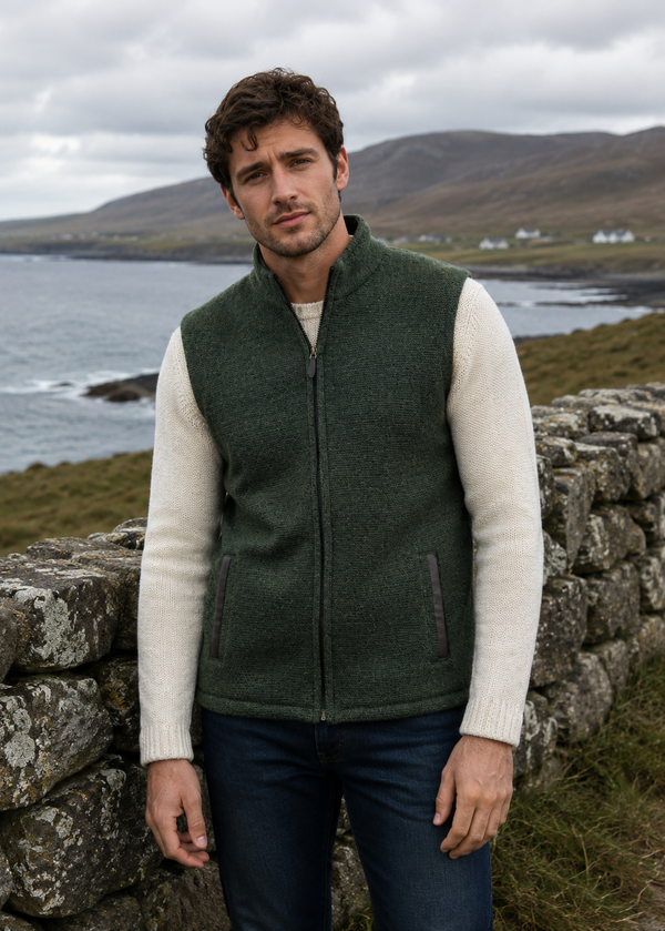 Saol Men's Green Herringbone Virgin Wool Zip Jacket