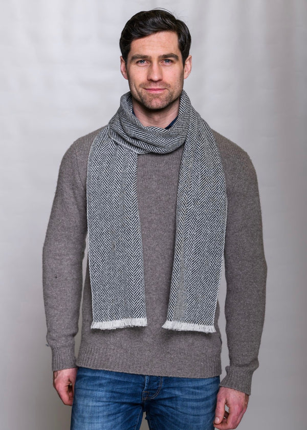 Mucros Donegal Wool Scarf | Grey Herringbone | Made in Ireland