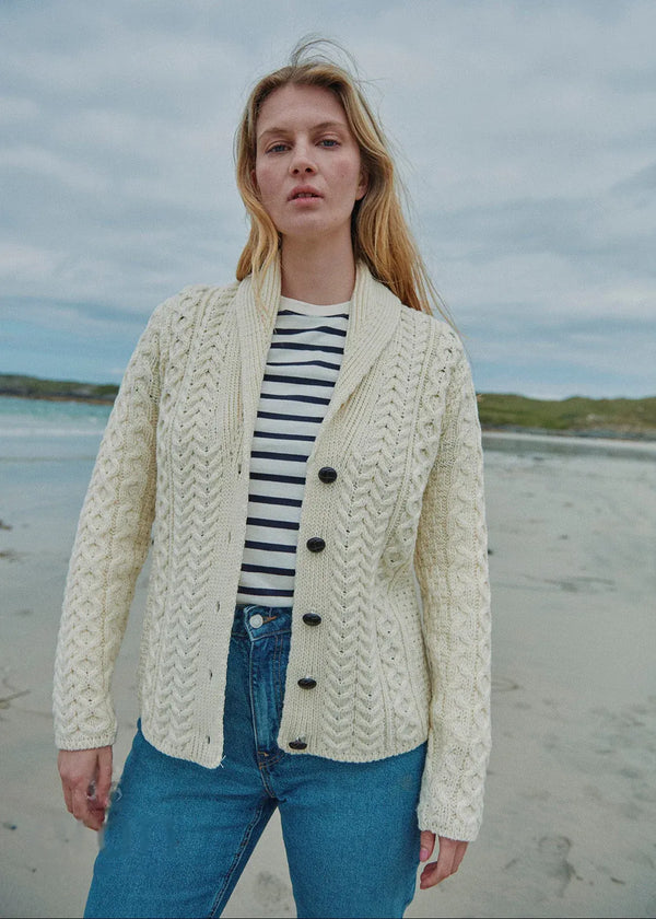 Shawl Collar Aran Cardigan | Natural