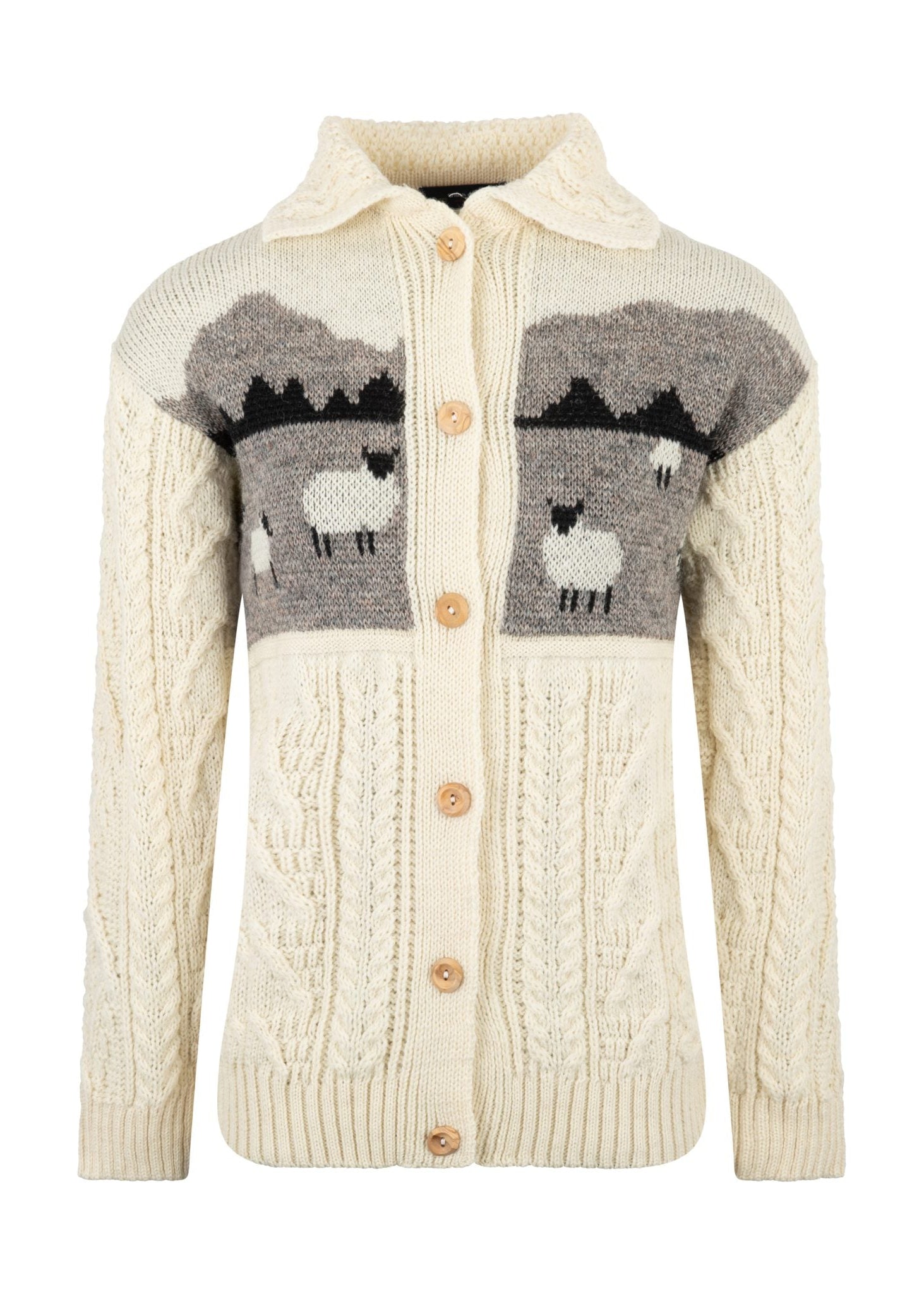 Ladies Aran Sheep Cardigan | 100% Wool | Natural