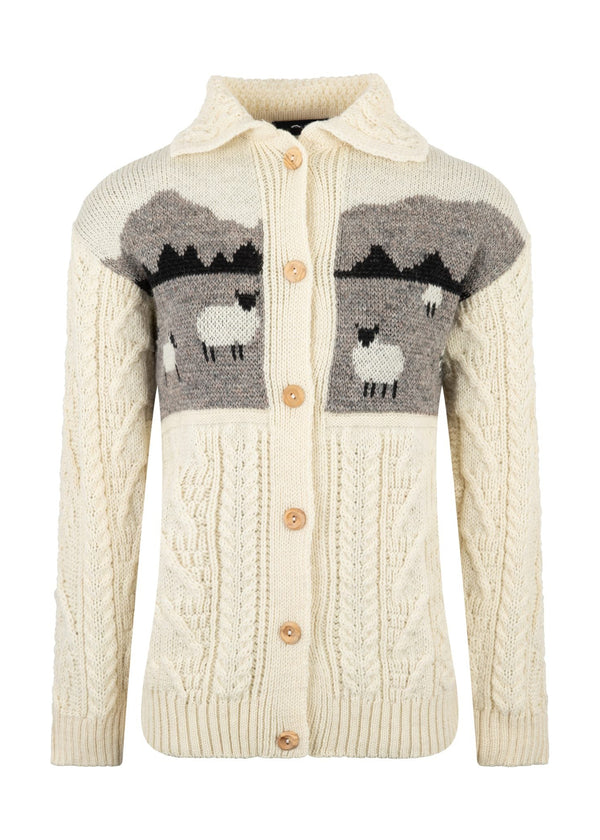Ladies Aran Sheep Cardigan | 100% Wool | Natural