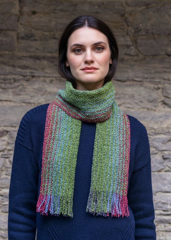 Mucros Skellig Scarf | Irish Merino Wool & Cashmere | Green Pink Mix